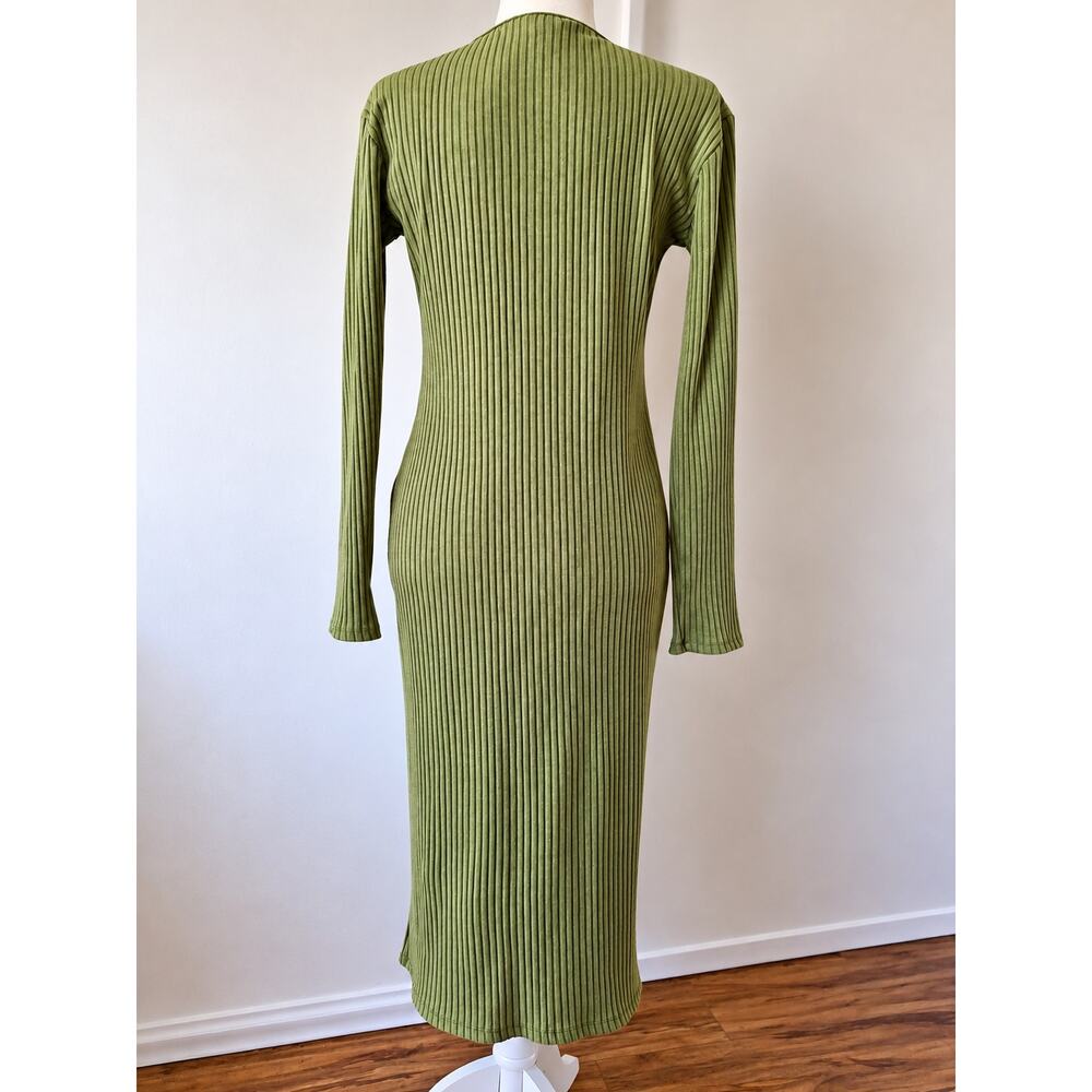ZARA Olive Green Ribbed Knit Maxi Dress Button Front Long Sleeve XS - Picture 3 of 6